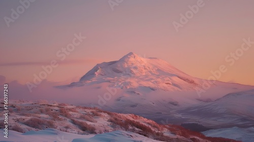 Majestic snow-capped mountain bathed in warm sunrise colors, a peaceful scenic landscape