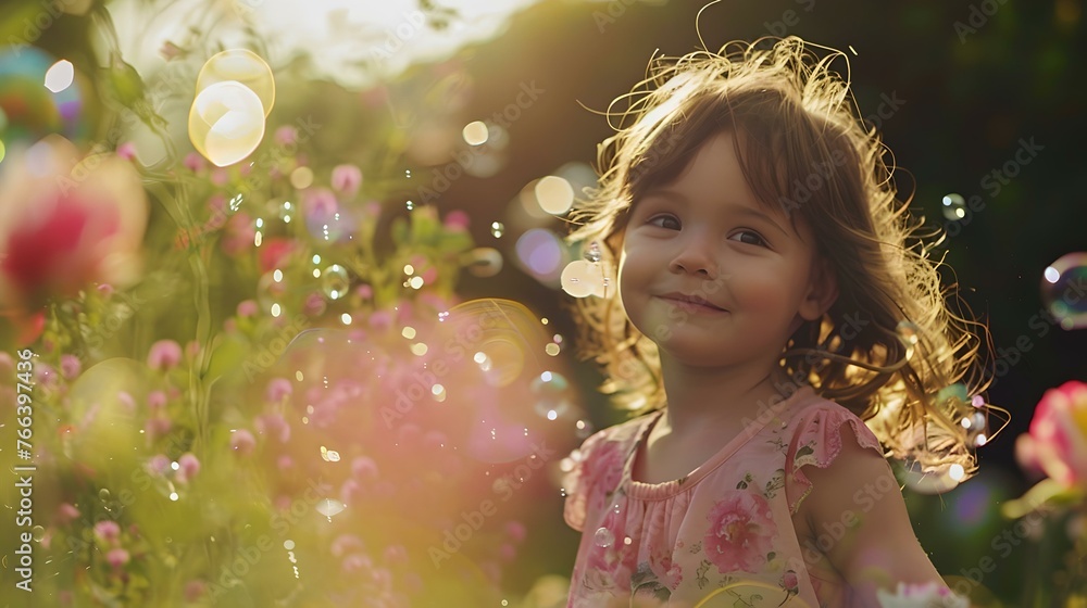 Smiling young girl enjoying golden hour in a blooming garden Smiling young girl enjoying golden hour in a blooming garden