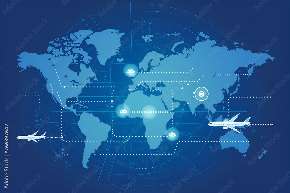flat illustration of the world map showing airplane routes, locations ...