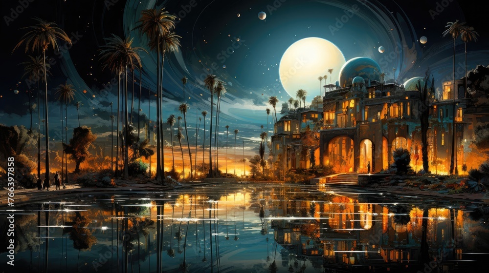 Illuminated Arabian Palace Mirage at Sunset with Reflected Mystical Cityscape