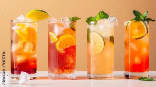Assorted Cold Refreshing Beverages With Citrus and Mint on Beige Background