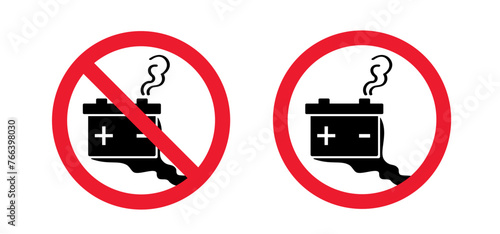 Stop battery acid, leaking batteries. Electrical voltage warning. Dangerous batteries warning sign or icon. Battery leak symbol. Safety, broken battery. Rechargeable electricity. No toxic fumes.