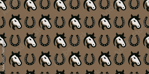 Fototapeta Naklejka Na Ścianę i Meble -  Country style horse and horseshoe background. Seamless pattern. Vector.カントリースタイルの馬と蹄鉄パターン