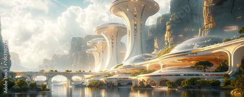 Futuristic metropolis with organic-inspired architectural elements