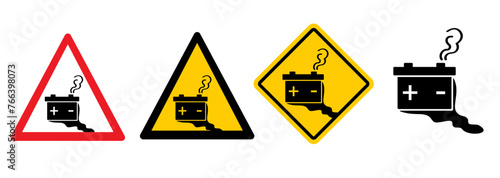 Stop battery acid, leaking batteries. Electrical voltage warning. Dangerous batteries warning sign or icon. Battery leak symbol. Safety, broken battery. Rechargeable electricity. No toxic fumes.