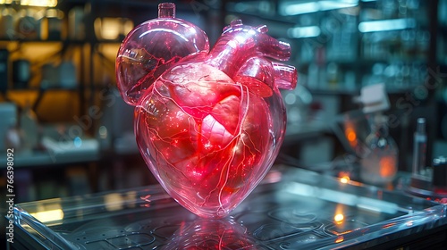Show advanced cardiac regeneration. heart suspended in a transparent 