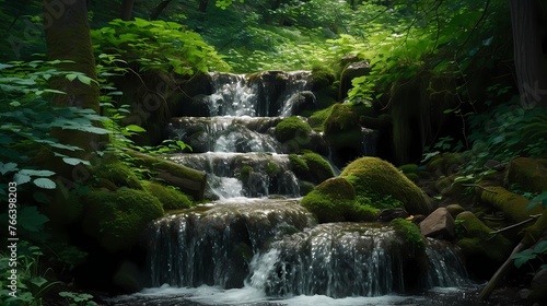 A cascading series of small waterfalls in a hidden forest glade  surrounded by lush greenery and moss-covered rocks.