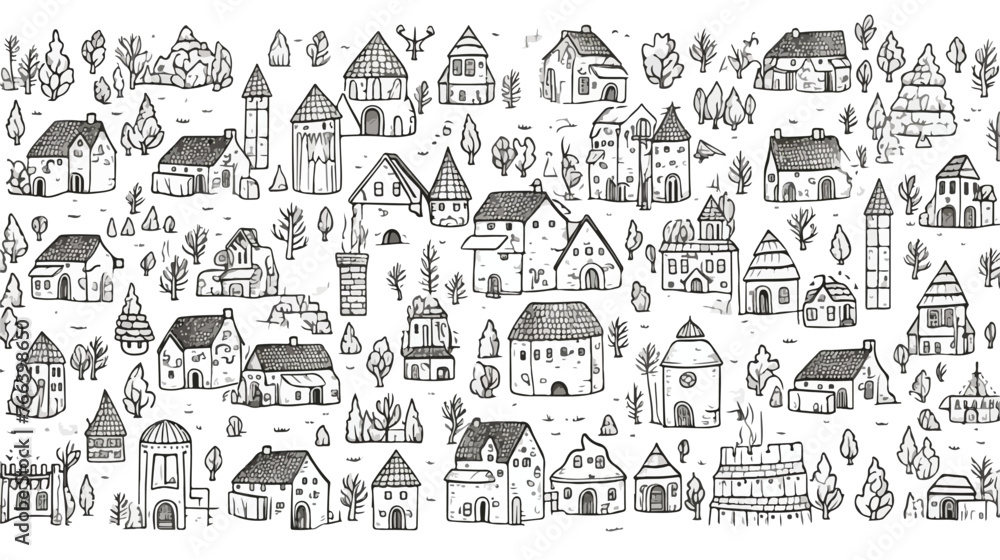 Medieval buildings seamless pattern background. Middl