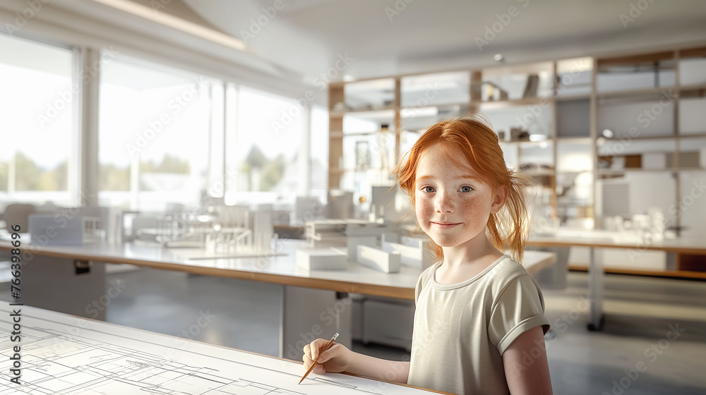 Young Girl as an Architect, Blueprints on the Table in Modern Office