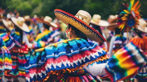 A group of dancers in vibrant, multicolored costumes perform a traditional Mexican folk dance, with focus on the detailed patterns and textures