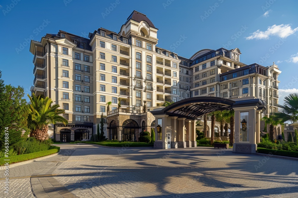 Luxurious Hotel Facade with Elegant Architecture and Landscaped Entrance under a Clear Blue Sky