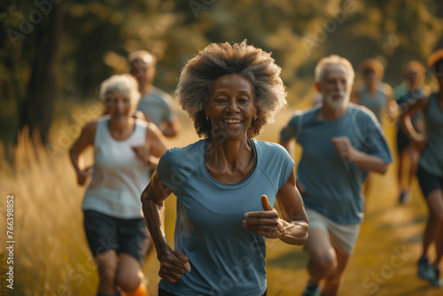 Group of healthy senior adult enjoy jogging exercise together in the park