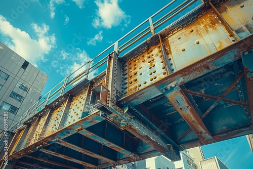 Vintage Rusty Steel Bridge Under Blue Sky in Urban Environment  Industrial Infrastructure and Architecture Photography