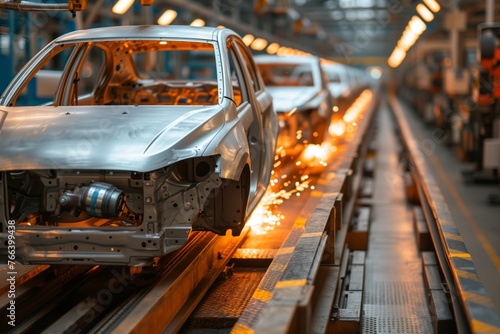 Automobile assembly in factory, sparks flying from welding robots, vividly illustrating manufacturing might and precision. Vehicle body on production line, showered in sparks from intense welding work