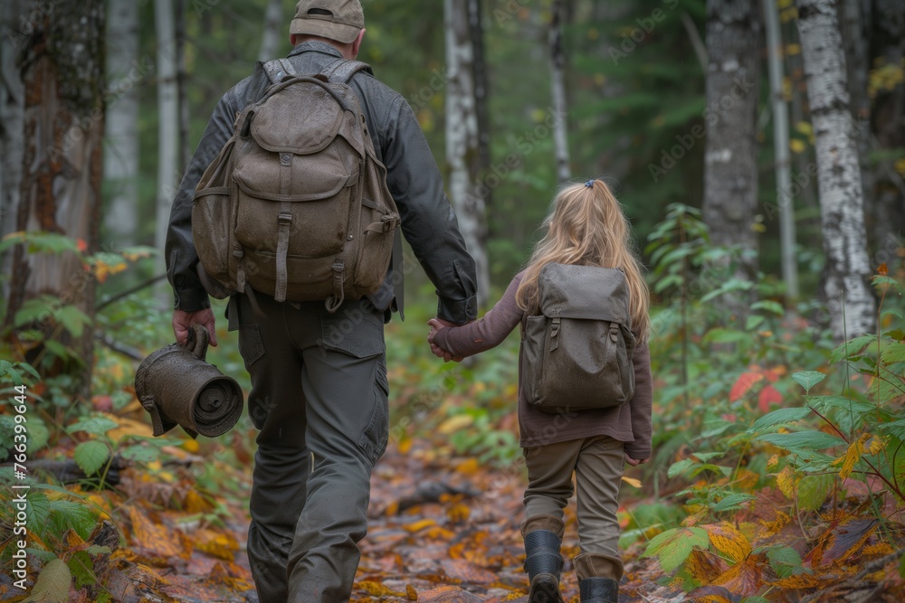 Man and small child walk on a mossy forest trail, hand in hand, immersed in nature, leaves scattered around. Male hiker guides a young blonde child down a woodland path, stepping over rocks