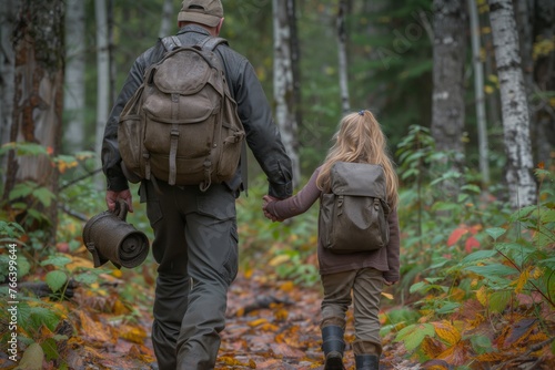 Man and small child walk on a mossy forest trail, hand in hand, immersed in nature, leaves scattered around. Male hiker guides a young blonde child down a woodland path, stepping over rocks