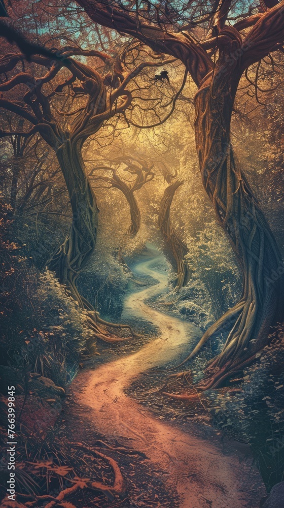 Naklejka premium Divergent paths in mystic forest, surreal colors, decision concept, for personal development books --ar 9:16 Job ID: 861f6bbb-52c7-4098-bdfa-b7e65ef58a87