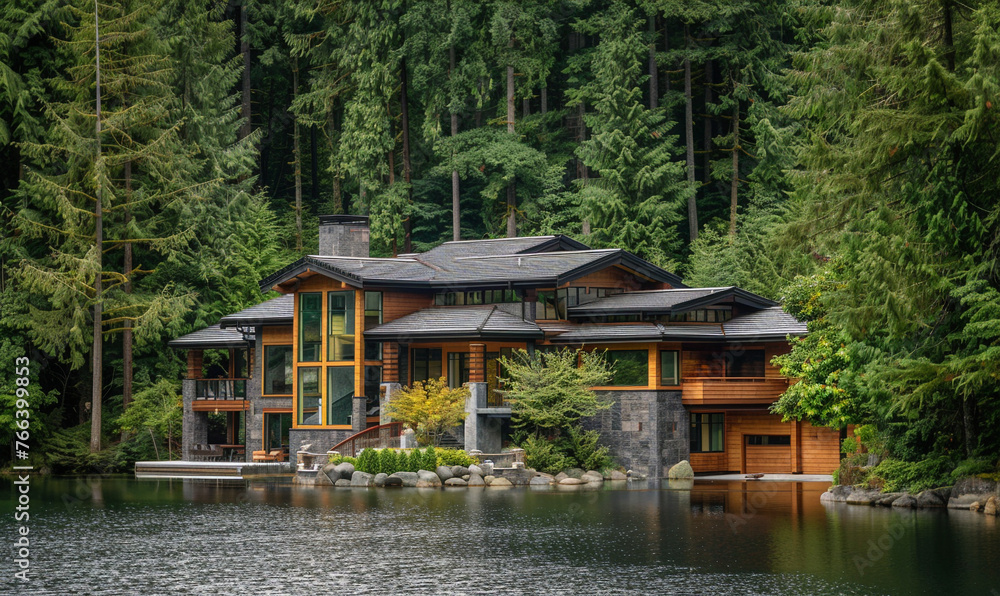 Luxury and modern house in the middle of forest next to lake.