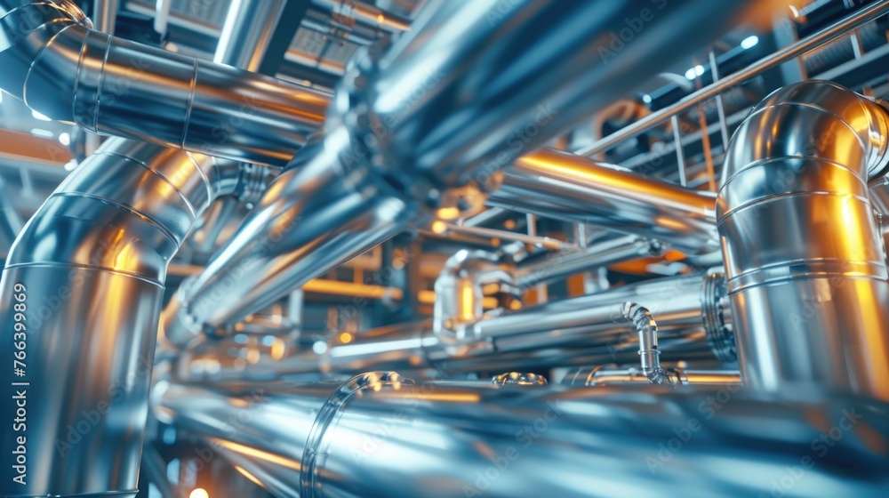 Glistening steel pipes in a high-tech factory, showcasing industrial might and precision engineering.