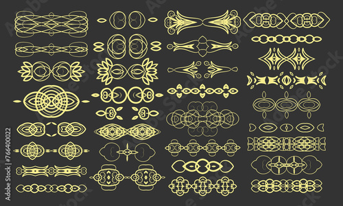 33 decorative elements and text spacers in Art Deco style. Dark background. Vector set