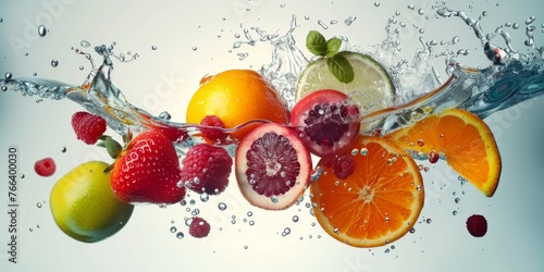 Fresh Fruit splash and submerge under water  summer banner  summer fruits  Nutrition and Hydration Week 