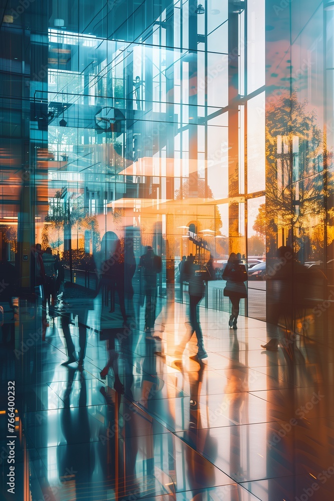 Blurred abstract background with bustling business center hall, with businessmen and people captured in motion blur through a long exposure technique. Work atmosphere. 