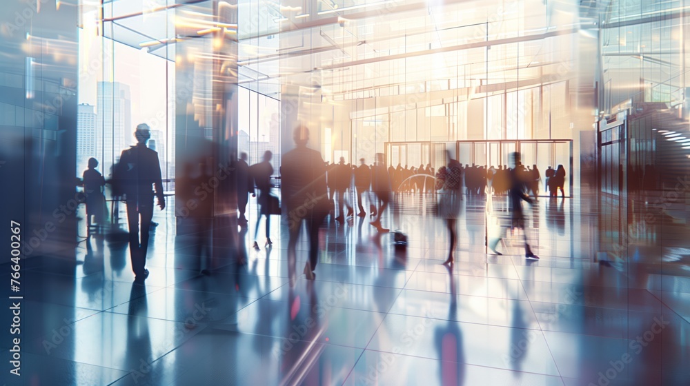 Blurred abstract background with bustling business center hall, with businessmen and people captured in motion blur through a long exposure technique. Work atmosphere. 