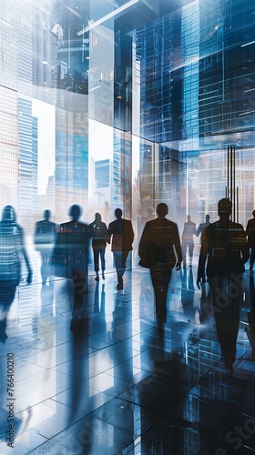 Blurred abstract background with bustling business center hall, with businessmen and people captured in motion blur through a long exposure technique. Work atmosphere. 