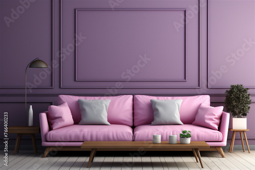 interior with pink and purple trendy color in a luxurious living room. Empty wall space for art  frame or decor. Modern interior with sofa and vases