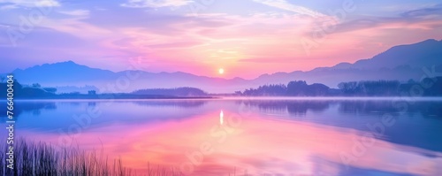 Serene sunrise over a tranquil lake, reflection of pastels, for wellness and mindfulness retreats promotions.