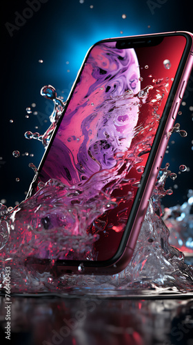 Immersing smartphone in water, phone waterproof on dark background photo