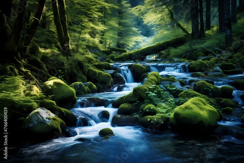 Silky ribbons of water gracefully descending through a pristine mountain forest, a symphony of greens and blues