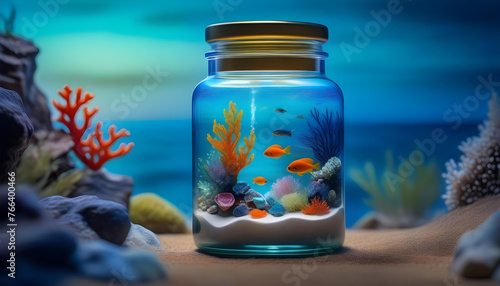 A small glass jar filled with ocean water, with miniature coral and fish visible inside.