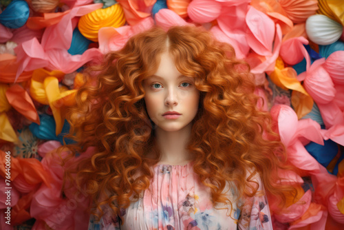Portrait of a beautiful red-haired girl with curly hair.