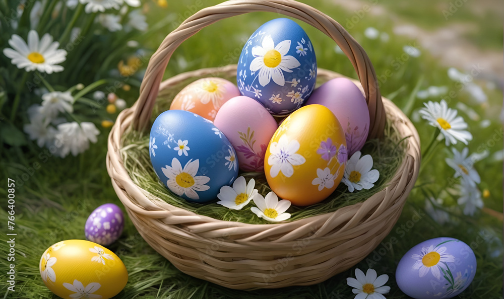 Easter eggs decorated with patterns, in a basket made of vines, on the background of nature and flowers Easter eggs decorated with patterns, in a basket made of vines, on the background of nature and flowers