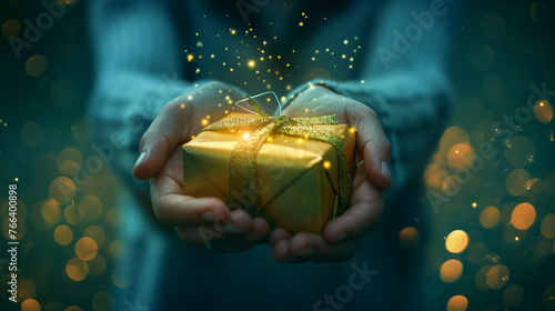 hands holding a gold wrapped gift. Golden glitter and glow. Magical time of year.