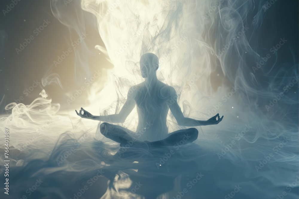 Man meditating in lotus pose with smoke on dark background.