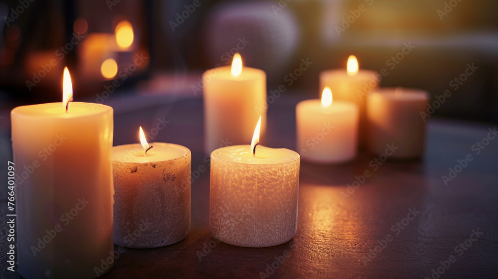 Aromatherapy Candles Emitting Soft Glow in Dimly Lit Room - obrazy, fototapety, plakaty 