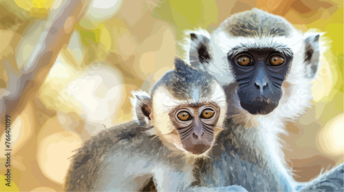 Pair of vervet monkeys with a nursing infant looking photo
