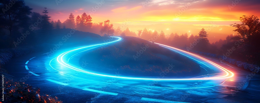 Blue light trails streaking across a digital landscape, evoking a sense of speed and movement.