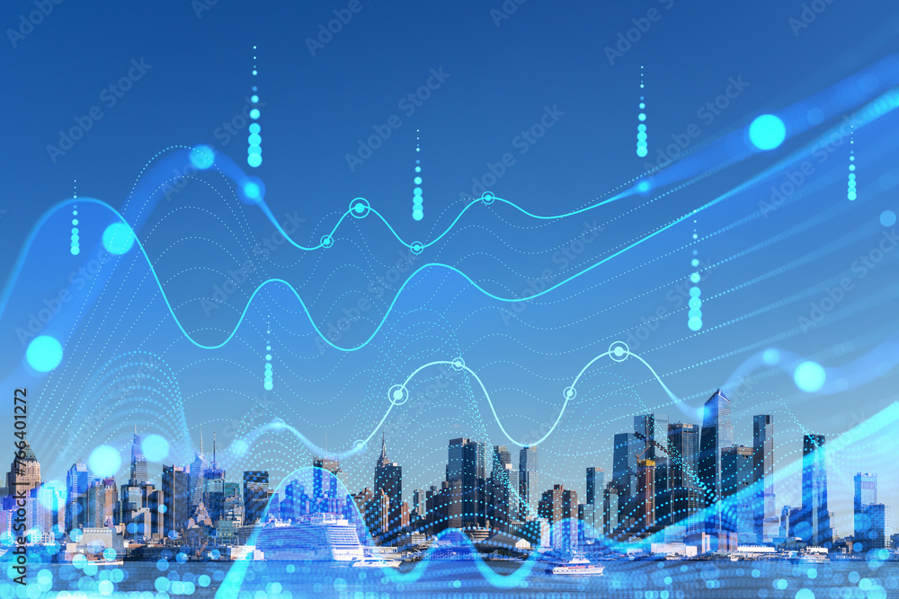 New York skyline with digital hologram overlay, digital composite, cityscape background, future technology concept. Double exposure