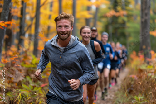 Professional Photography of a Personal Trainer Leading a Group of Runners on a Scenic Trail Run Through a Forest, Generative AI
