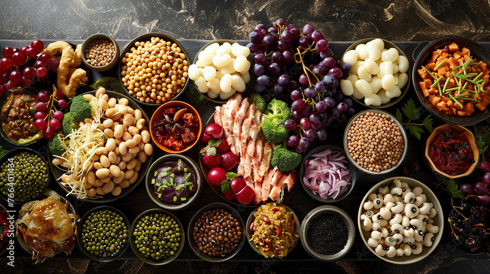 Fototapeta premium Artful Presentation of New Year's Food Traditions from Around the Globe