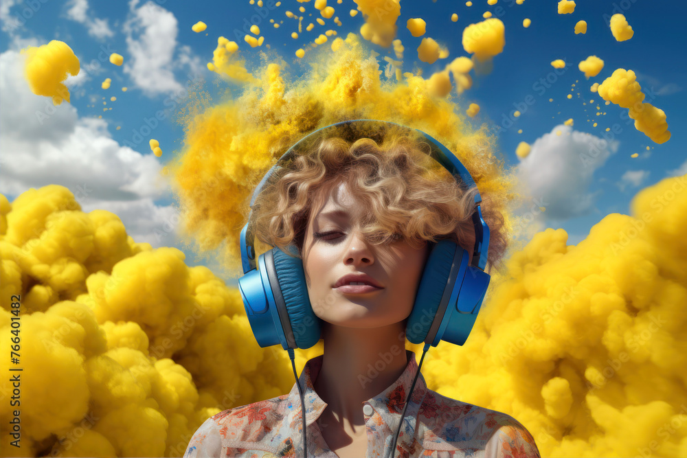Portrait of a beautiful young woman with headphones listening to music on the background of yellow clouds.