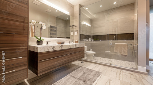 A contemporary bathroom with a floating vanity, marble tile floor, and a glass-enclosed shower