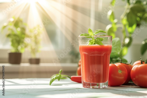 Glass of fresh tomato juice and fresh vegetables on windowsill, closeup