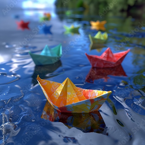 An image created by artificial intelligence depicting vibrant paper boats drifting on a pristine puddle, reflecting the sky above.