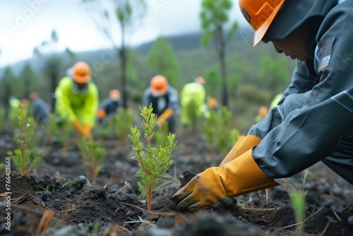 planting trees in deforested area, human contribution to reforestation and carbon offset for eco-friendly. Voluntary worker stoops in soil, planting flora under open skies, ecological conservation. photo