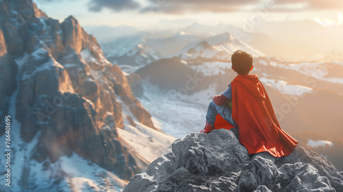  A young boy sits on top of a snow covered mountain wearing a red cape. Thinking about the future. Wearing a superhero costume. Climate change. Climate emergency. The future.