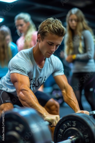 Professional Photography of a Personal Trainer Demonstrating Proper Weightlifting Techniques and Form to a Group of Fitness Enthusiasts in a Well-Equipped Gym, Generative AI